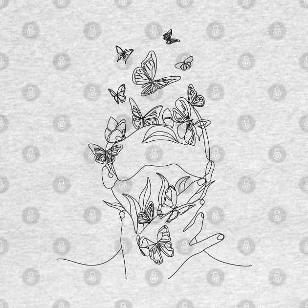 Abstract line drawing woman face with butterflys. by OneLinePrint